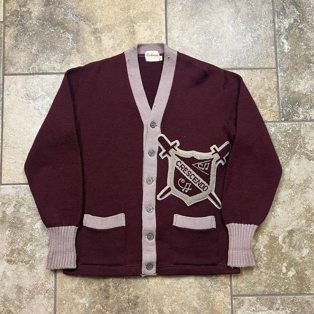 Vintage 40s Cardigan Sweater‎ Varsity 42 Adult S/M Crescendo Music School Wine